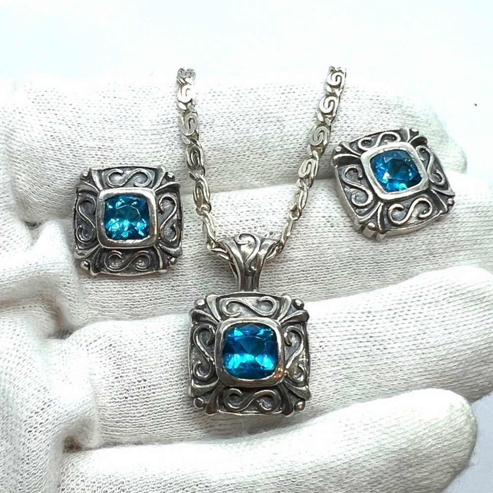 925 sterling silver set of earrings and necklace blue topaz stones - Picture 10 of 12